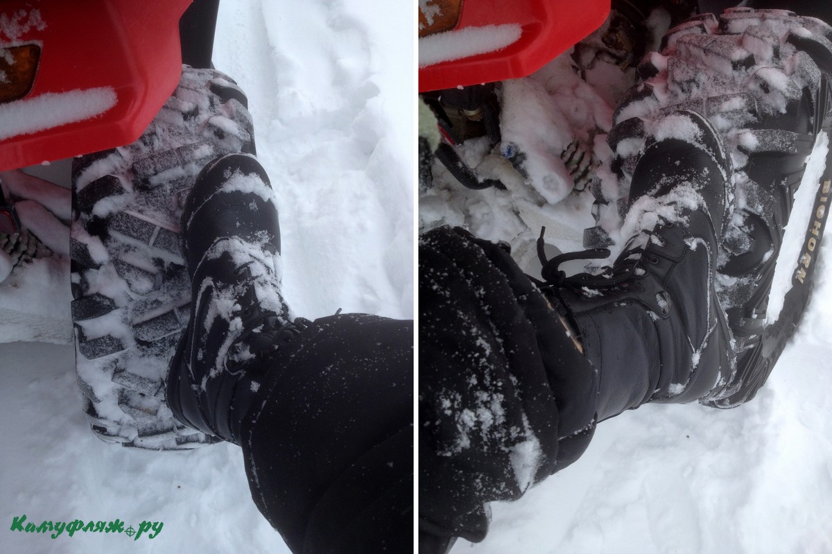 На фото колесо квадроцикла и ботинки «Сапсан» в снегу.